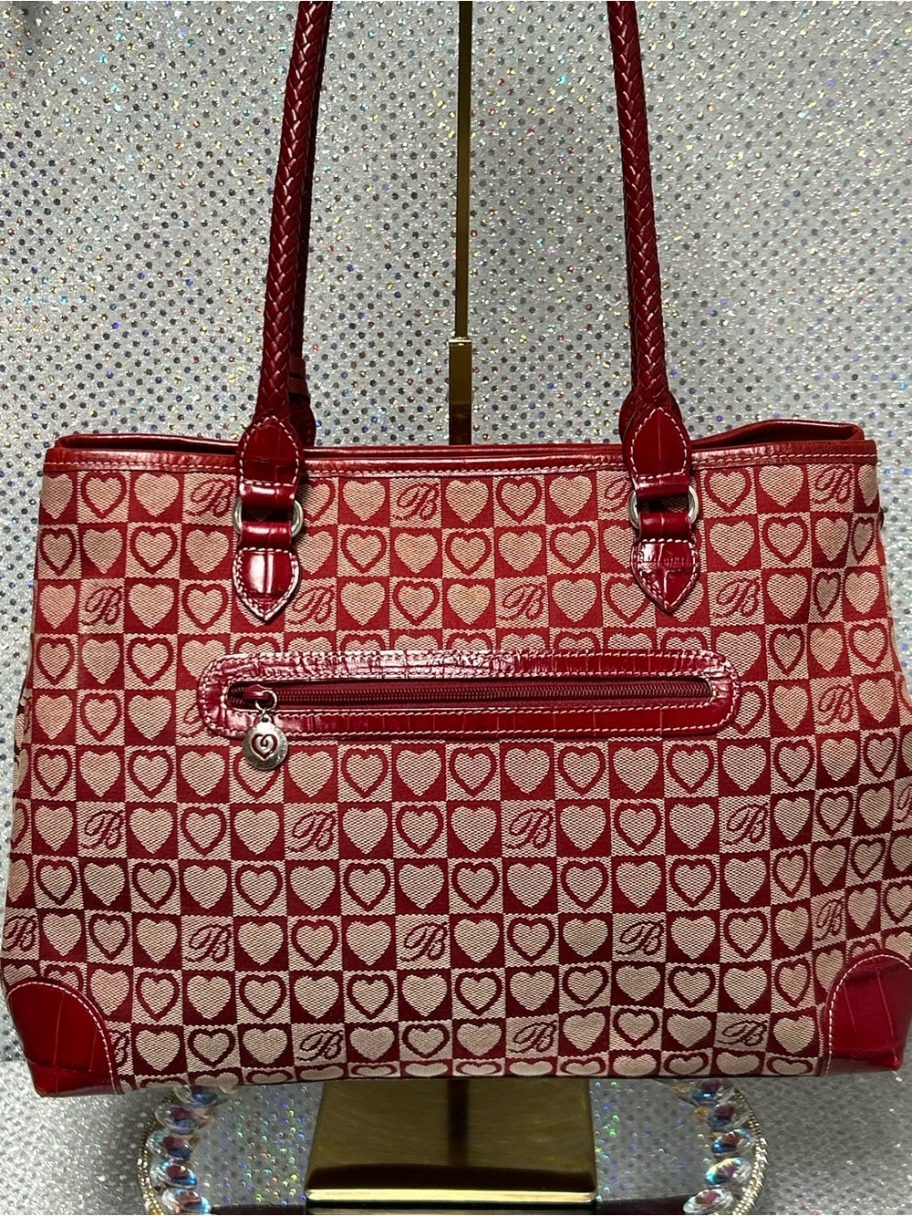 Brighton Red Heart Pattern Canvas and Leather Tote Bag Approx 15 x 9 x 4 - Picture 3 of 17